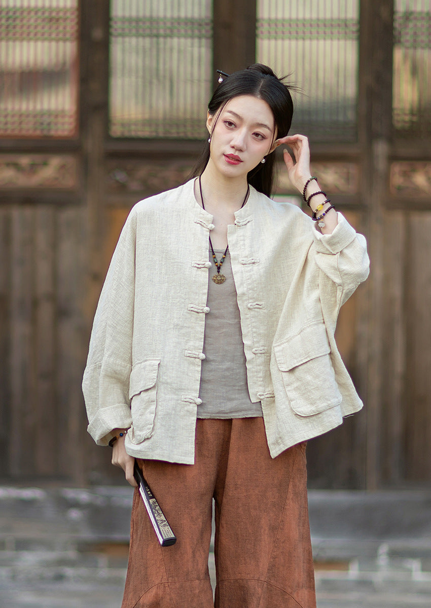 2026 Spring New Arrival: Original Vintage-Inspired Linen-Cotton Women's Cardigan, Loose-Fit Jacket with Stand-Up Collar and Button Closure
