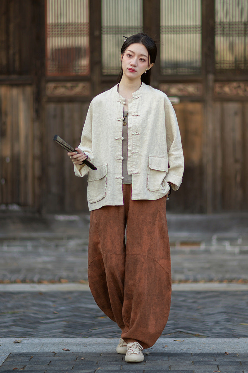 2026 Spring New Arrival: Original Vintage-Inspired Linen-Cotton Women's Cardigan, Loose-Fit Jacket with Stand-Up Collar and Button Closure