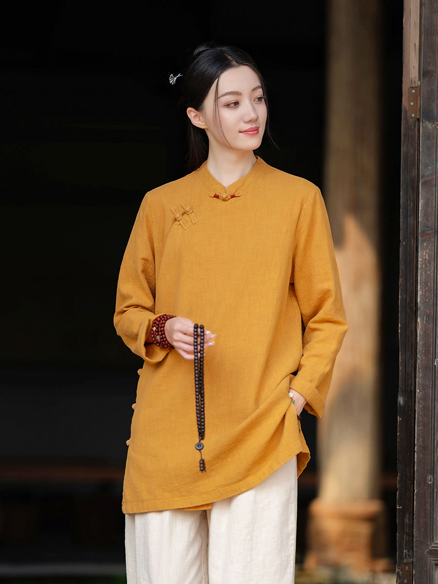 2026 Spring New Arrival: Retro Cotton-Linen Chinese-Style Stand-Collar, Color-Blocked, Button-Fastened, Wrap-Front Blouse for Women – Zen Tea Attire