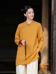 2026 Spring New Arrival: Retro Cotton-Linen Chinese-Style Stand-Collar, Color-Blocked, Button-Fastened, Wrap-Front Blouse for Women – Zen Tea Attire