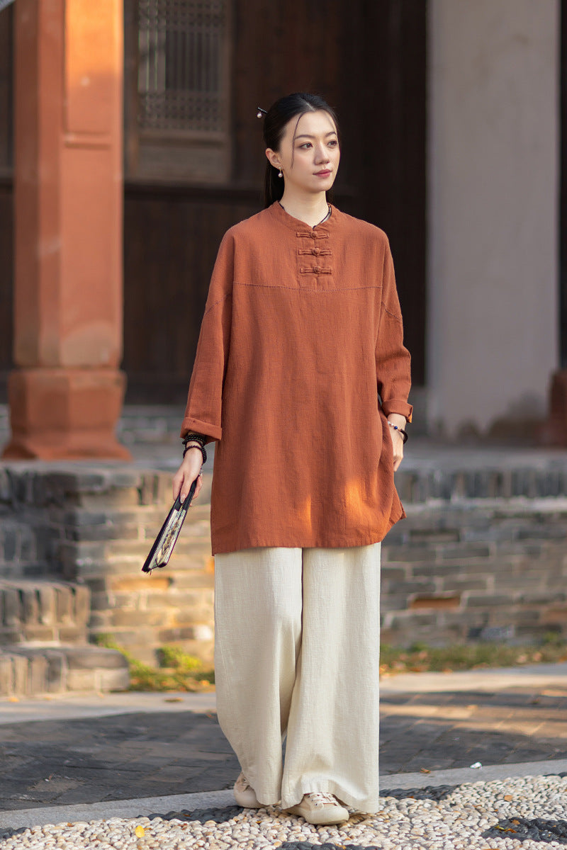 2026 Spring Retro Mandarin Collar Button-Down Cotton-Linen Blouse for Women: Chinese-Style Zen-Inspired Tea Ceremony Pullover, Ramie Stand-Up Collar Long-Sleeve Shirt