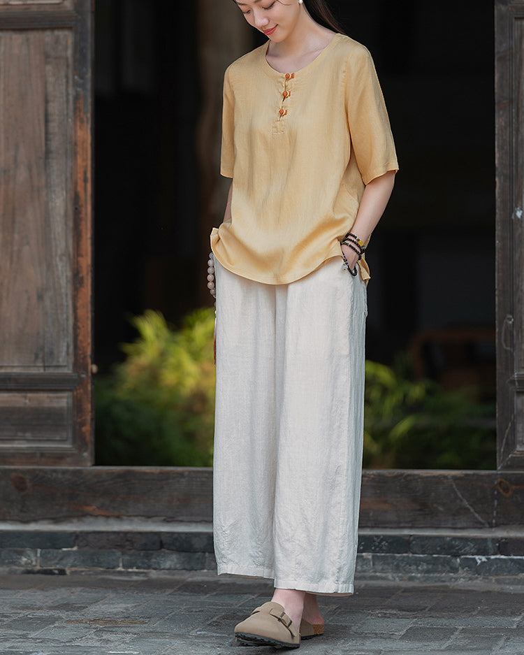 Frog Button Cotton  Linen Shirt, Summer Chinese Vintage Women Sandwashed Cotton  Linen T-shirt 20240728