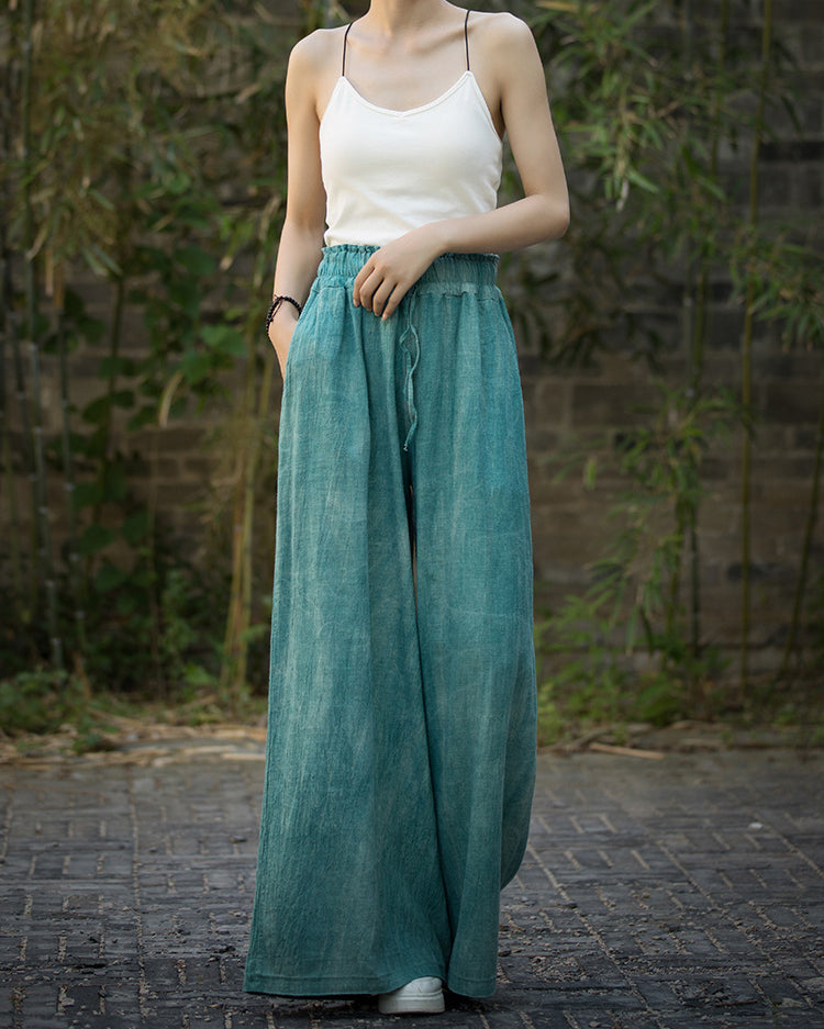 Ramie Handmade Tie-Dye Tied Mid-Waist Wide-Leg Pants, Vintage Elastic Waist Casual Trousers 20240722