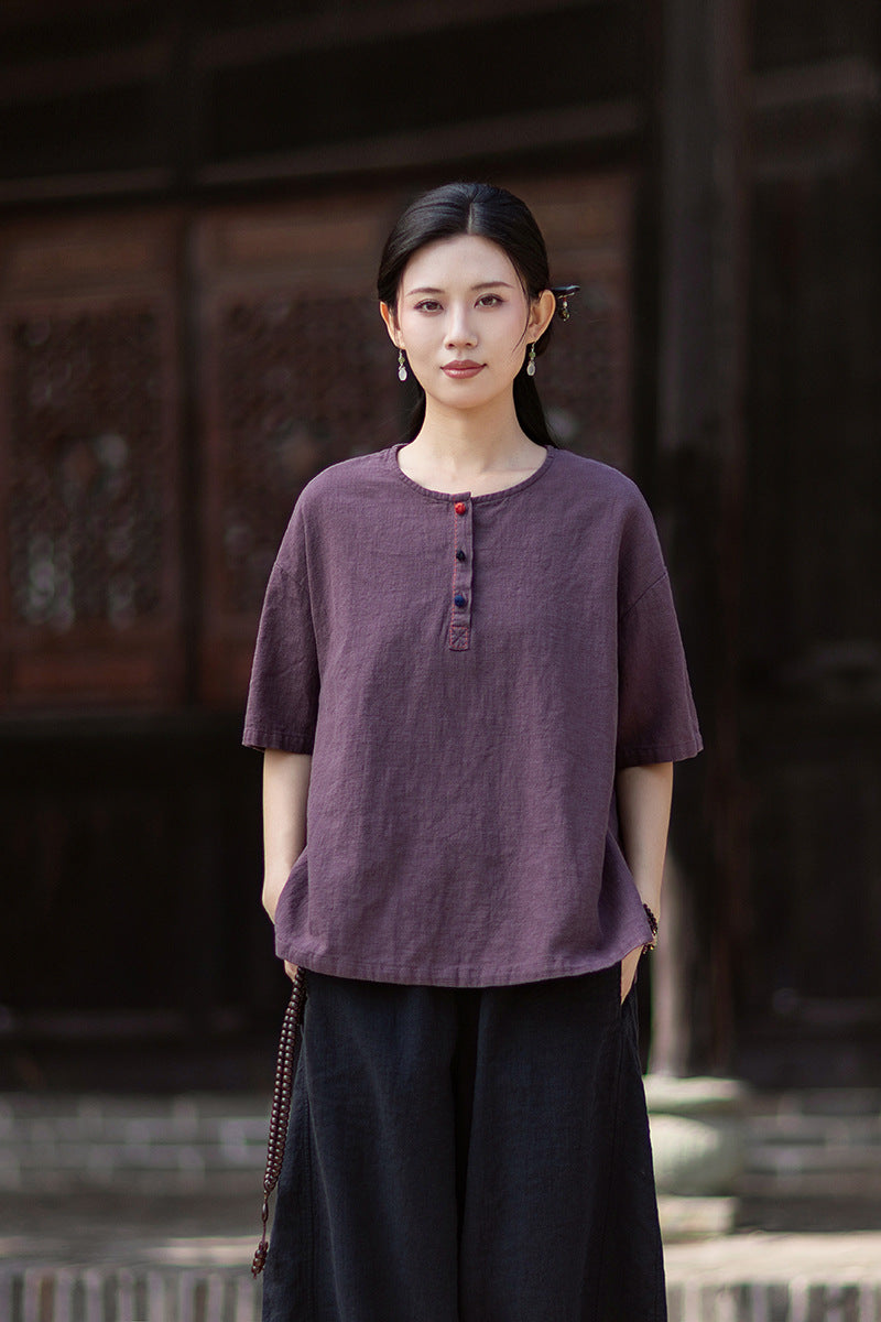 Round-Neck Chinese-Style Blouse: New Summer Style, Retro-Chic, Stitched Color-Blocking, Button-Front Short-Sleeve T-Shirt 20260511