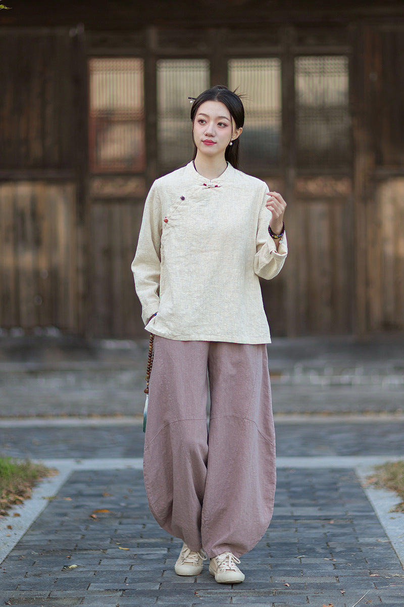 2026 Spring New Arrival: Original Cotton-Linen Women's Chinese-Style Stand-Collar Top, Tea Ceremony-Style Women's Diagonal-Placket Color-Blocked Button-Down Shirt