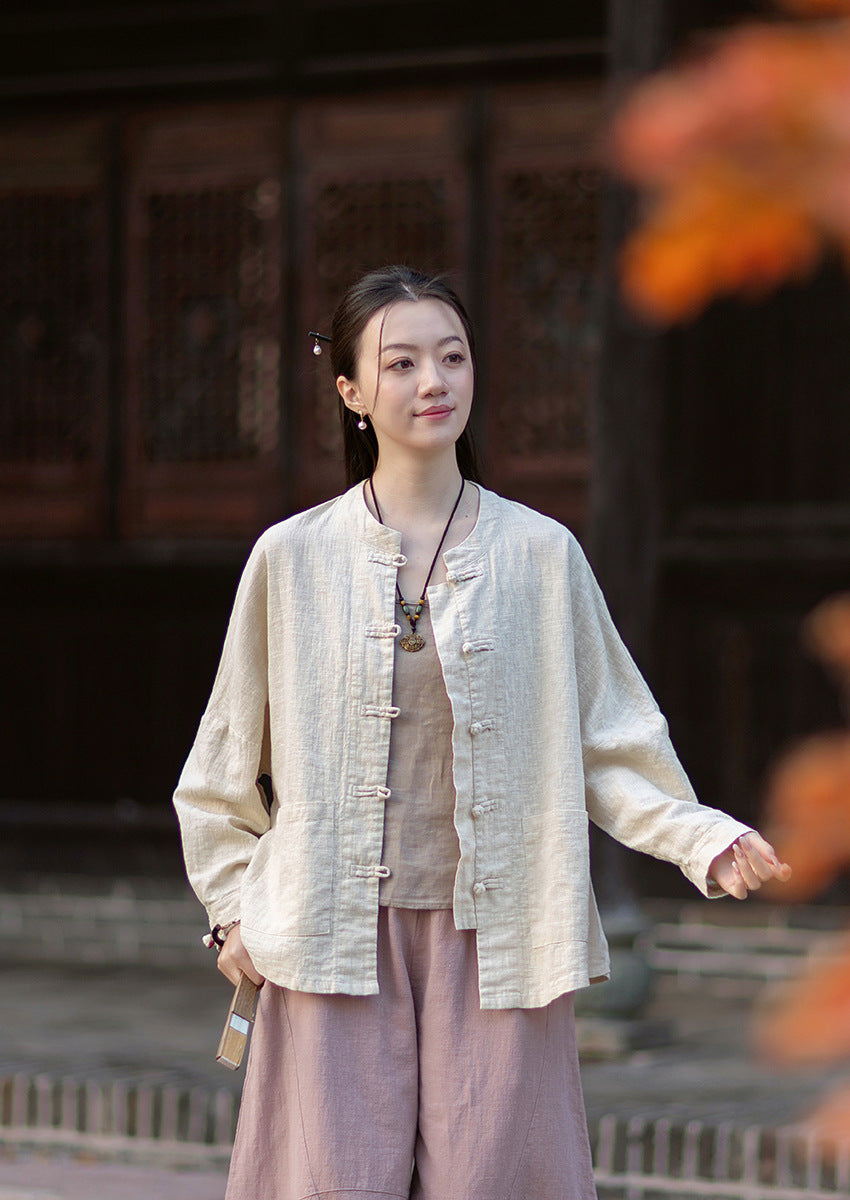 2026 New Arrival: Women's Long-Sleeve Cotton-Linen Blouse, Loose-Fit Chinese-Style Stand-Up Collar with Button-Down Front