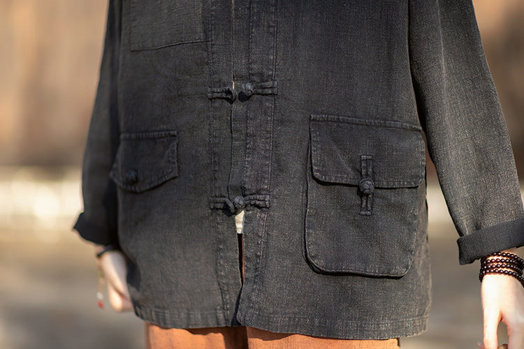 2026 Spring New Arrival: Vintage-inspired, distressed, sand-washed asymmetrical cardigan; niche-style patchwork V-neck cotton-linen jacket with button closures