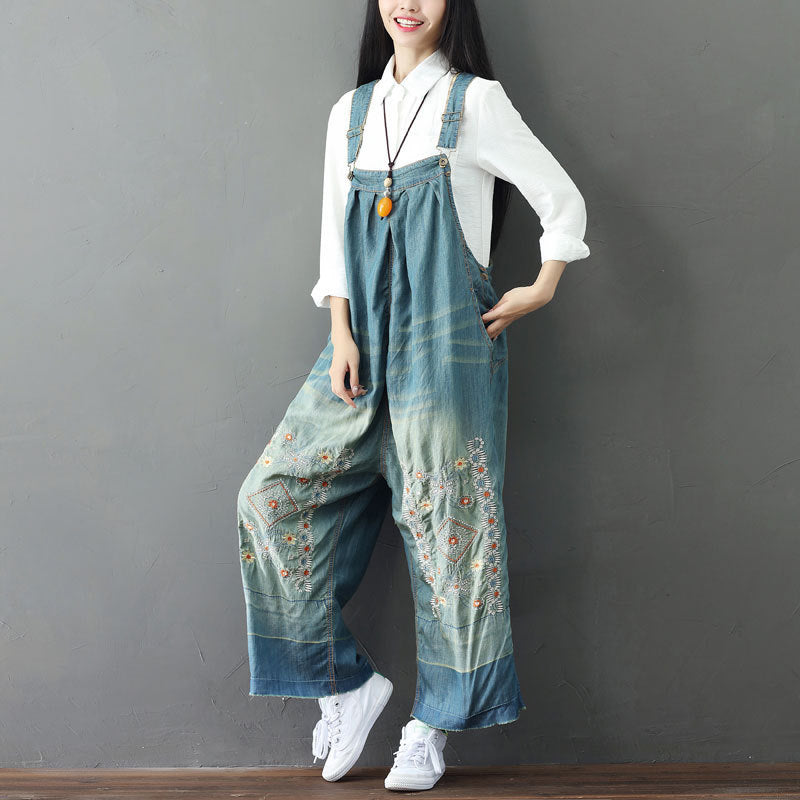 Embroidered floral cotton overalls, women's denim overalls, stonewashed loose overalls