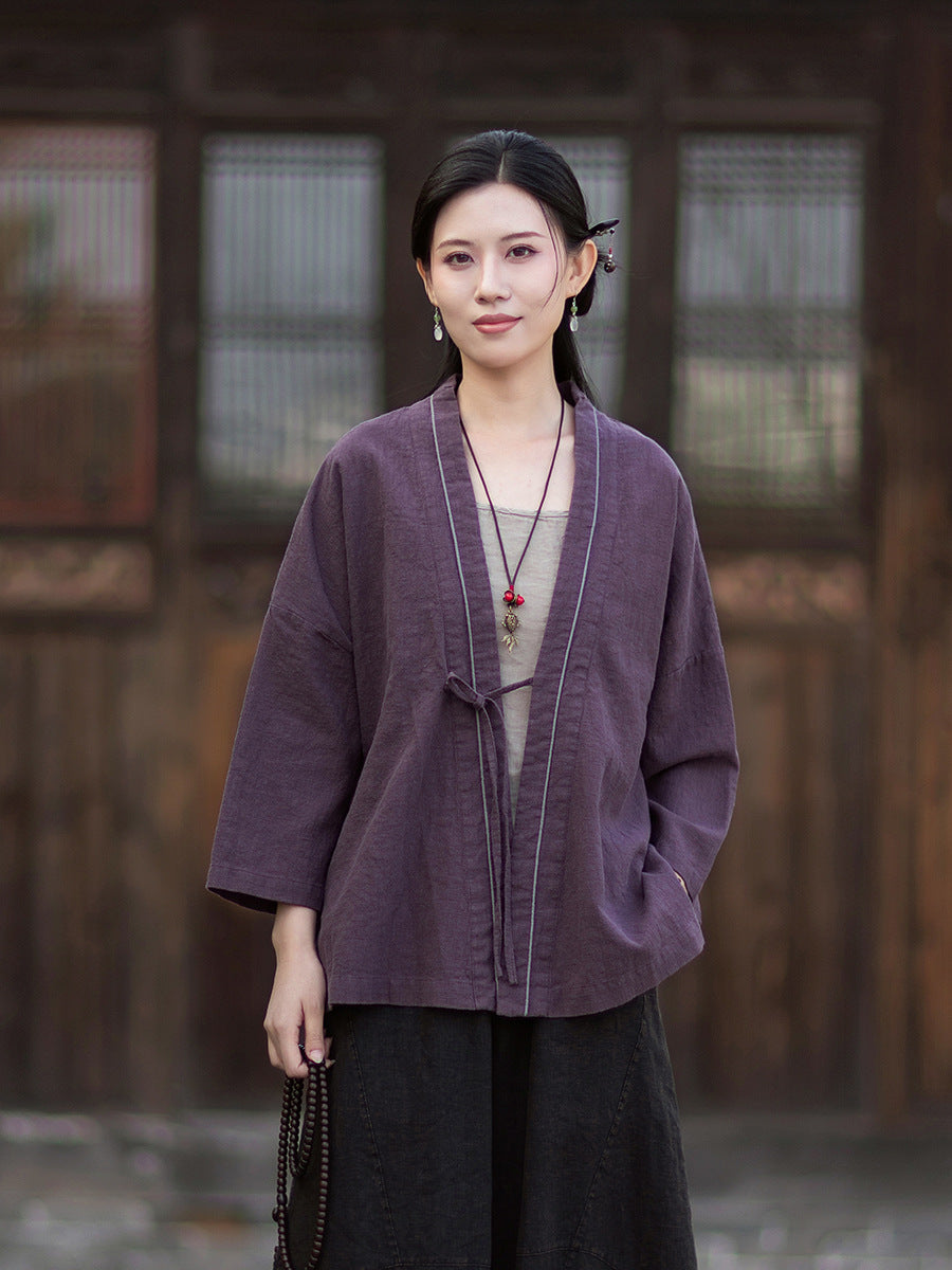 New Cotton-Linen Women's Vintage Zen-Inspired Ramie Tapered-Sleeve Tie-Front Cardigan, Loose-Fit Chinese-Style Jacket 20260511