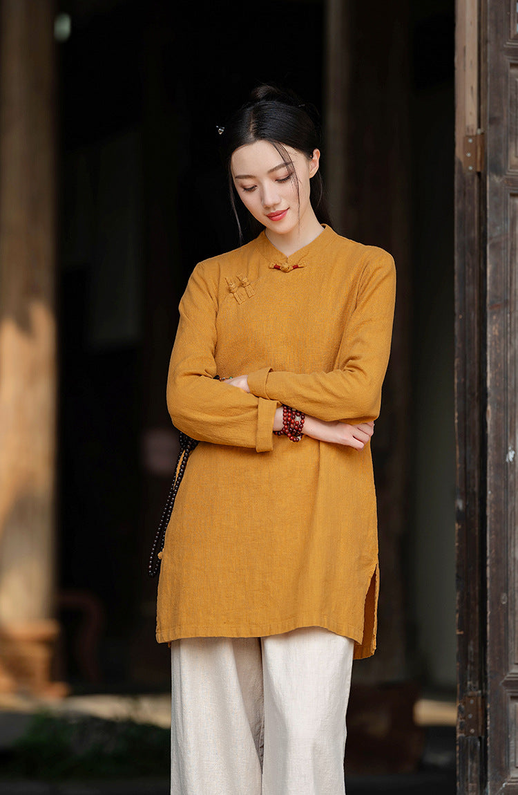 2026 Spring New Arrival: Retro Cotton-Linen Chinese-Style Stand-Collar, Color-Blocked, Button-Fastened, Wrap-Front Blouse for Women – Zen Tea Attire