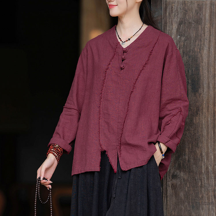 Woman Vintage Chinese Long Sleeve Cotton Linen Shirt with Embroidery V-Neck Loose Top 20240920