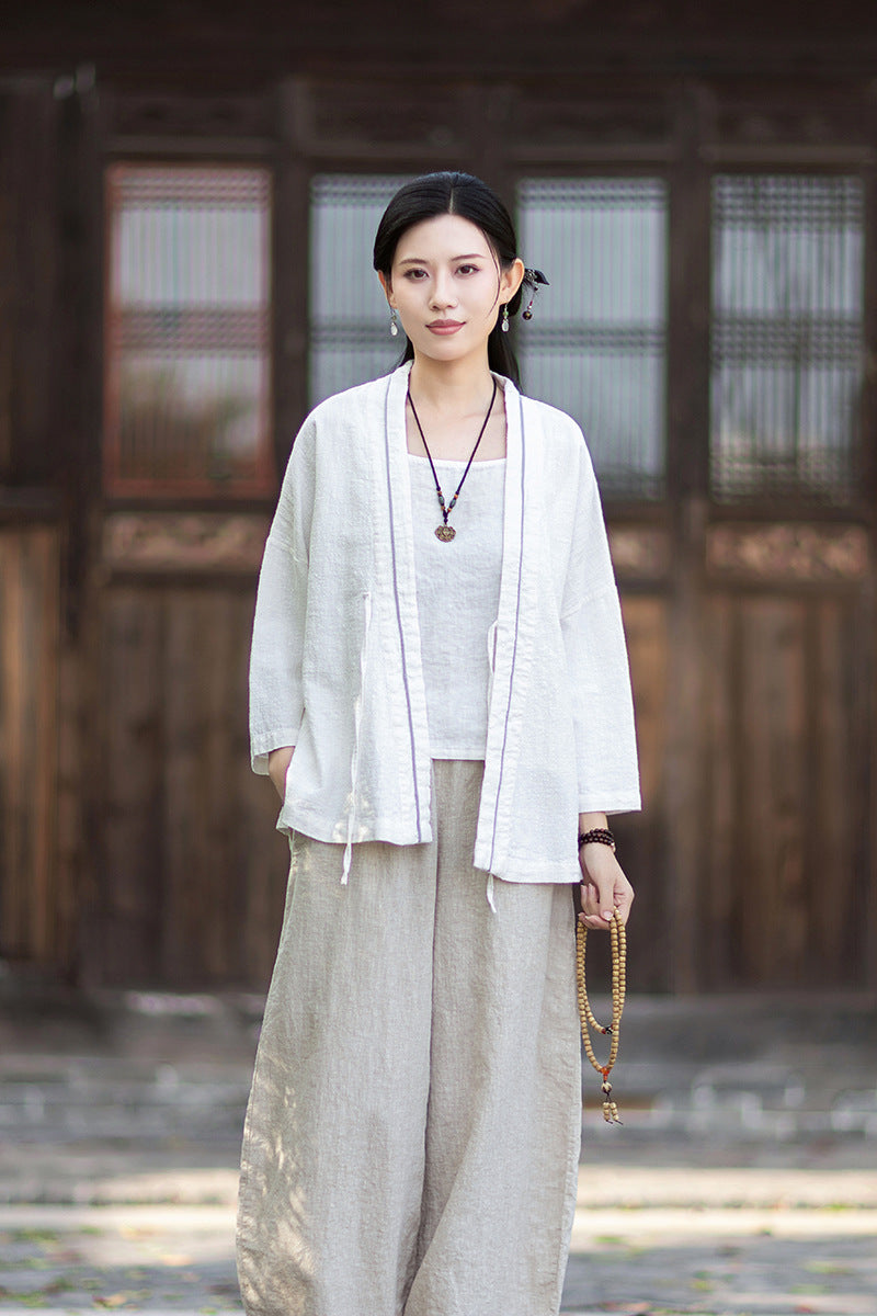New Cotton-Linen Women's Vintage Zen-Inspired Ramie Tapered-Sleeve Tie-Front Cardigan, Loose-Fit Chinese-Style Jacket 20260511