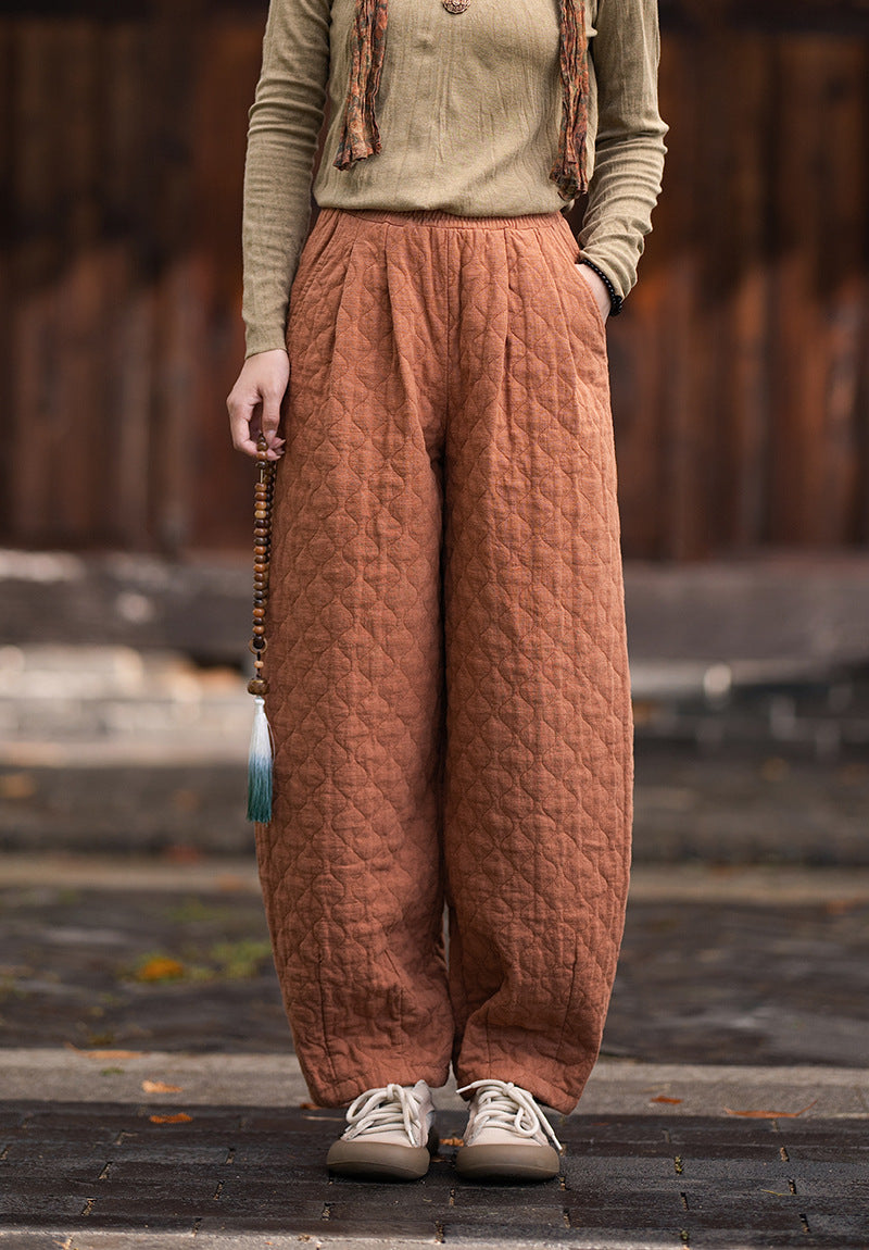 2026 Winter New Arrival: Artistic, Retro, and Zen-Inspired Women's Cotton-Padded Pants for Outdoor Wear—Warm, Cold-Resistant, with Elastic Waist and Bell-Bottom Design