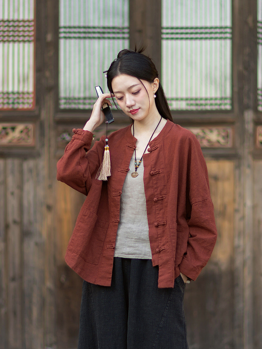 2026 New Arrival: Women's Long-Sleeve Cotton-Linen Blouse, Loose-Fit Chinese-Style Stand-Up Collar with Button-Down Front