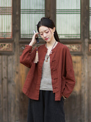 2026 New Arrival: Women's Long-Sleeve Cotton-Linen Blouse, Loose-Fit Chinese-Style Stand-Up Collar with Button-Down Front