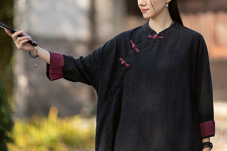 2026 Spring New Arrival: Retro Cotton-Linen Chinese-Style Stand-Collar, Color-Blocked, Button-Fastened, Wrap-Front Blouse for Women – Zen Tea Attire