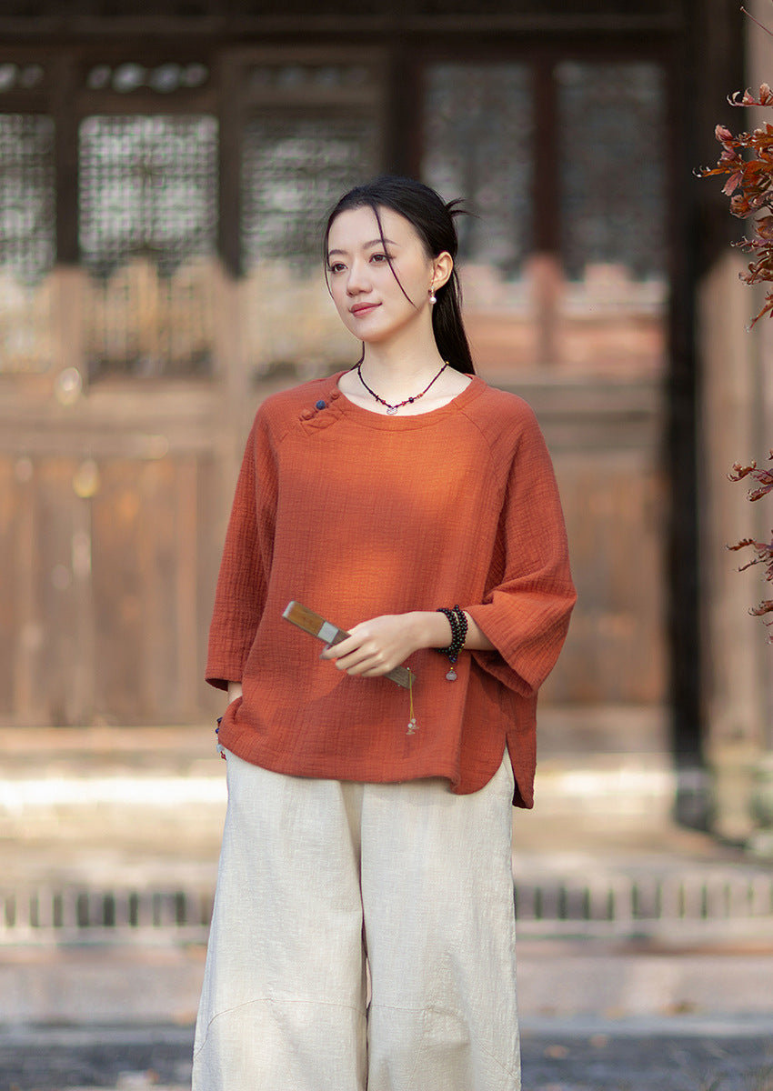 2026 Spring New Arrival: Retro-Chic Cotton-Linen Women's Round-Neck Color-Blocked Button-Down Blouse, Pullover T-Shirt