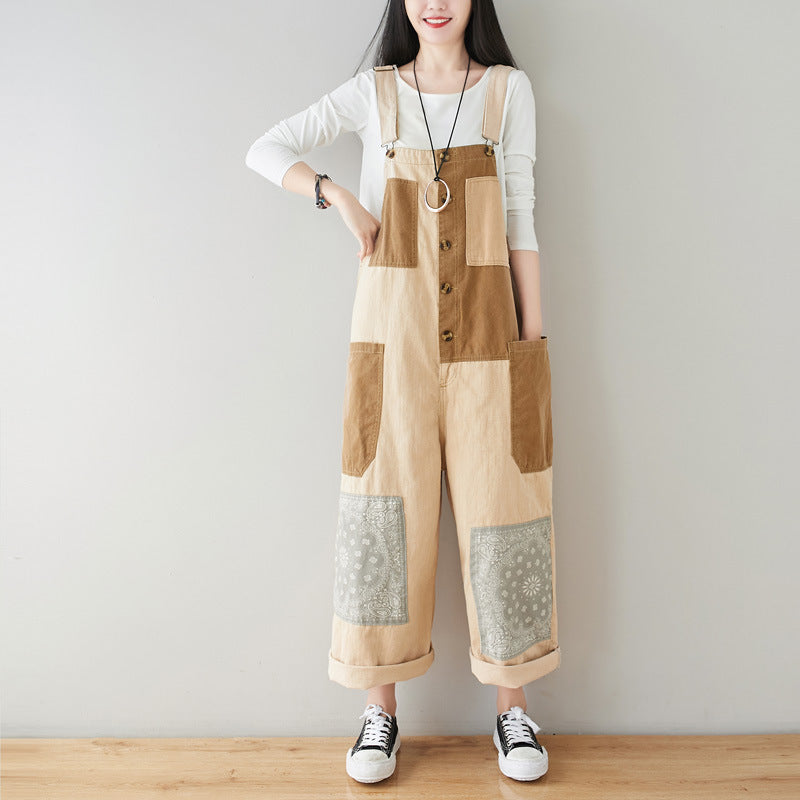 Patchwork cotton overalls, women's printed denim overalls, stonewashed loose overalls