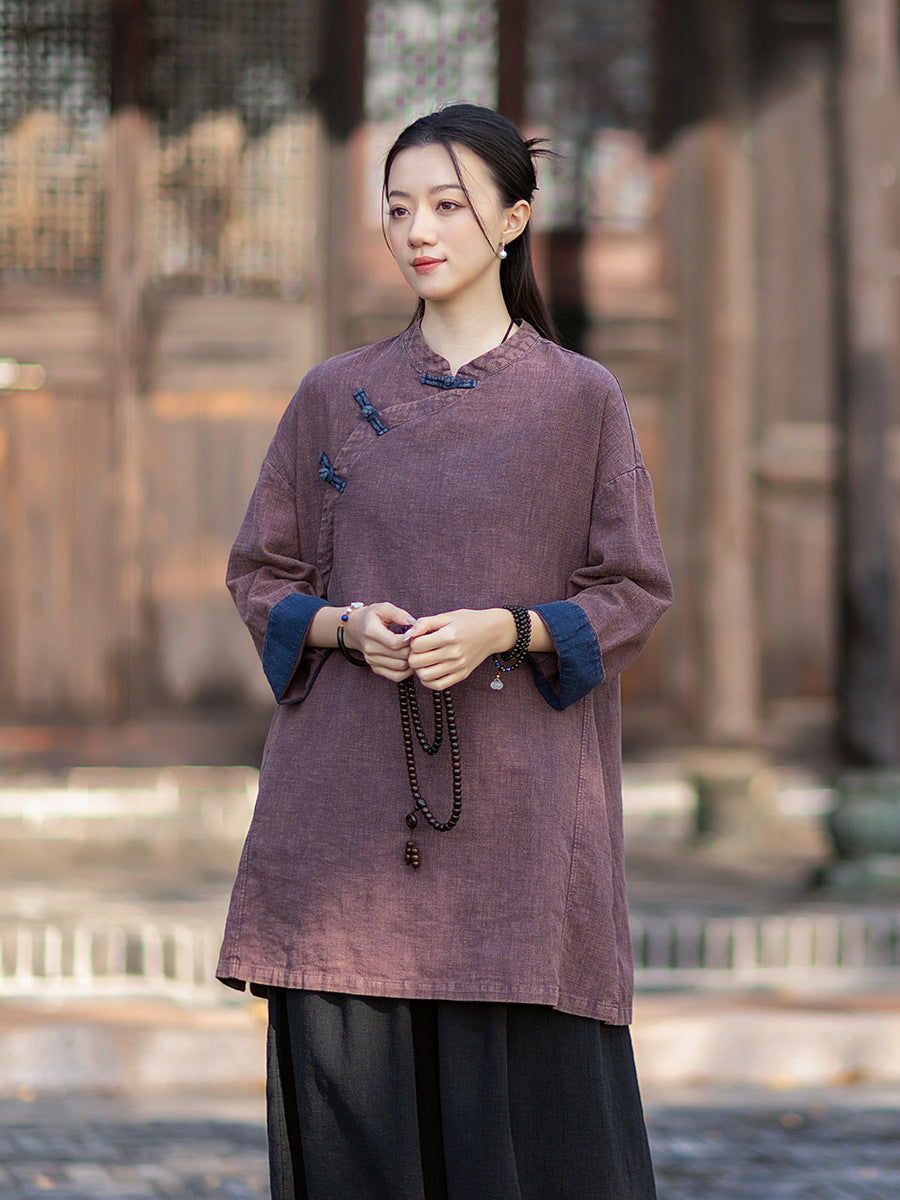 2026 Spring New Arrival: Retro Cotton-Linen Chinese-Style Stand-Collar, Color-Blocked, Button-Fastened, Wrap-Front Blouse for Women – Zen Tea Attire