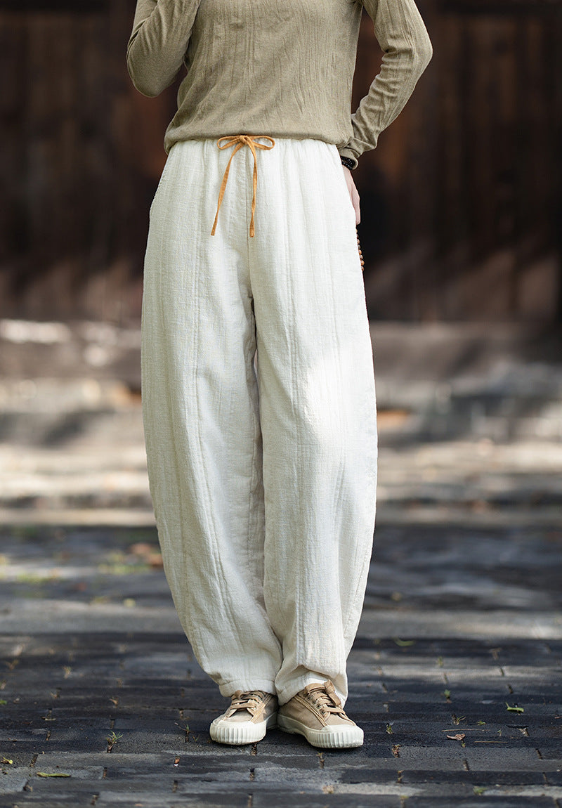 2026 Winter New Arrival: Ramie-Blend, Color-Blocked, Drawstring, Quilted, Thickened Cotton Pants—Versatile, Slimming, Loose-Fit Casual Pants