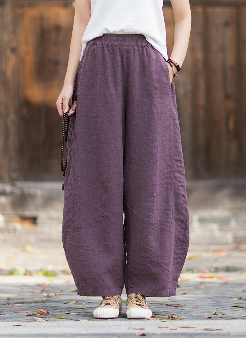 New Summer Arrival: Women's Artistic-Style Lightweight Linen Casual Pants with Elastic Waistband, Sandwashed, Distressed, Patchwork, and Cropped Bell-Bottom Design 20260511