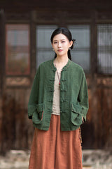 Summer New Arrival: Original Linen Hand-Knotted Button-Down Shirt with Large Pockets for Women – Vintage Distressed Jacket 20260511