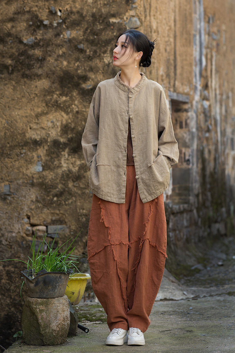 Vintage summer Chinese long sleeve shirt, cotton and linen washed and brushed frog button shirt 20250604