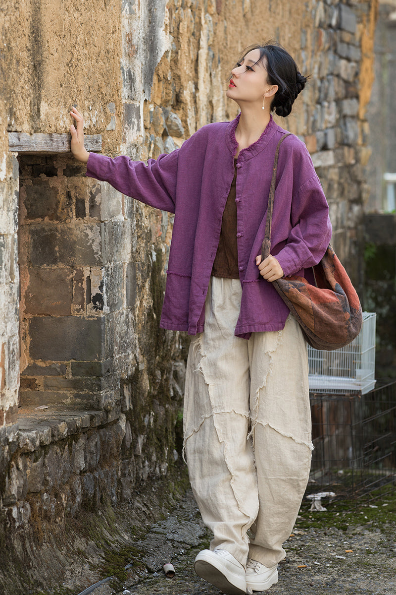 Vintage summer Chinese long sleeve shirt, cotton and linen washed and brushed frog button shirt 20250604