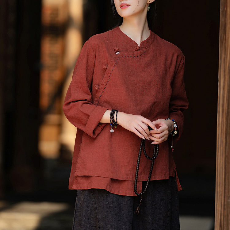 Women's Vintage Chinese Long Sleeve Cotton Linen Shirt with Embroidery Boat Neck Loose Casual Shirt 20240920