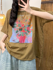 Women Loose-fitting printed T-shirt Summer Artsy Flower O-Neck Shirt