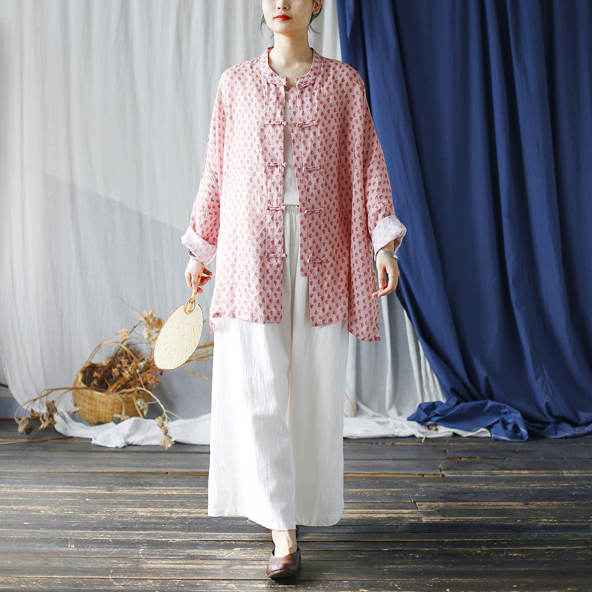 Loose Summer Printed Ramie Shirt, Standing Collar Frog Button Chinese Casual Shirt 20240803