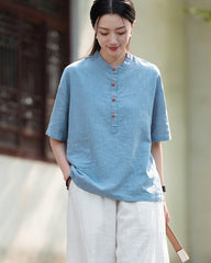 Original cotton  linen women's clothing, summer Chinese retro women's sandwashed cotton T-shirt 20240728