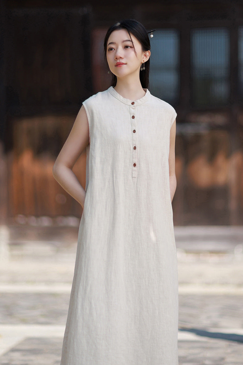 2026 Summer Women's Boho-Chic Dress: Loose-Fit, Sand-Washed Ramie Mid-Length Dress with a Zen-Inspired Aesthetic