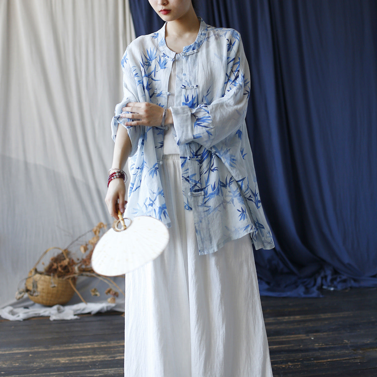 Loose Summer Printed Ramie Shirt, Standing Collar Frog Button Chinese Casual Shirt 20240803