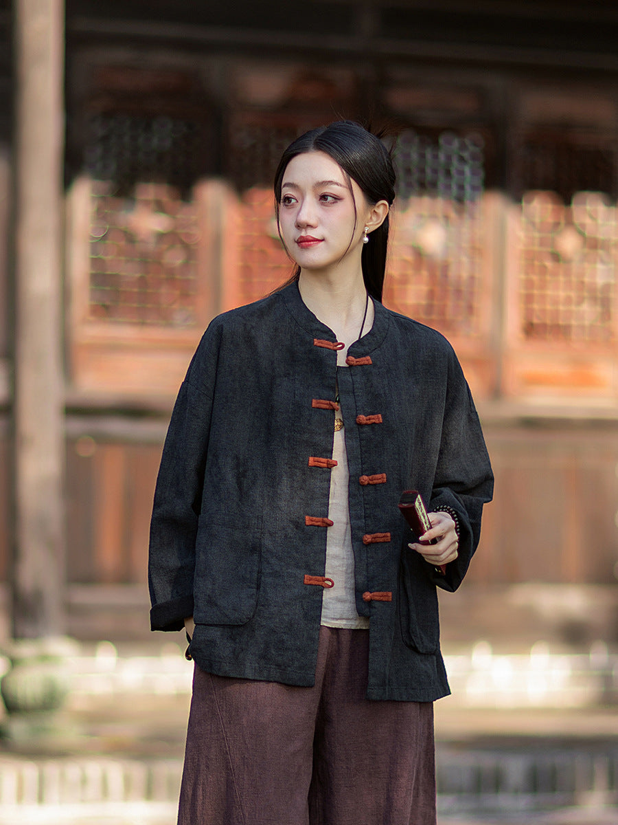 2026 Spring New Arrival: Vintage-inspired, distressed, sand-washed asymmetrical top; niche-style patchwork V-neck cotton-linen button-down cardigan
