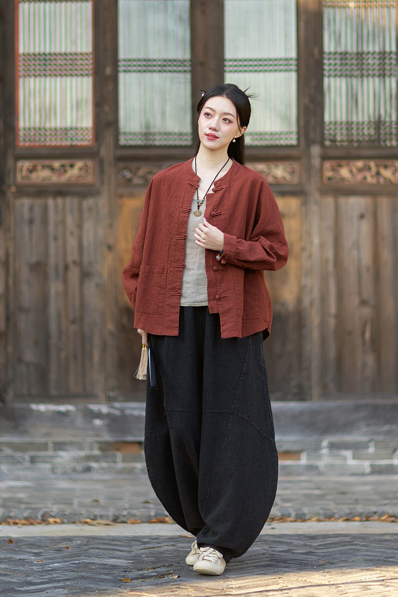 2026 New Arrival: Women's Long-Sleeve Cotton-Linen Blouse, Loose-Fit Chinese-Style Stand-Up Collar with Button-Down Front