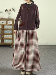 Loose-fitting cotton plaid wide-leg pants， Spring Vintage Plaid Wide-leg Pants
