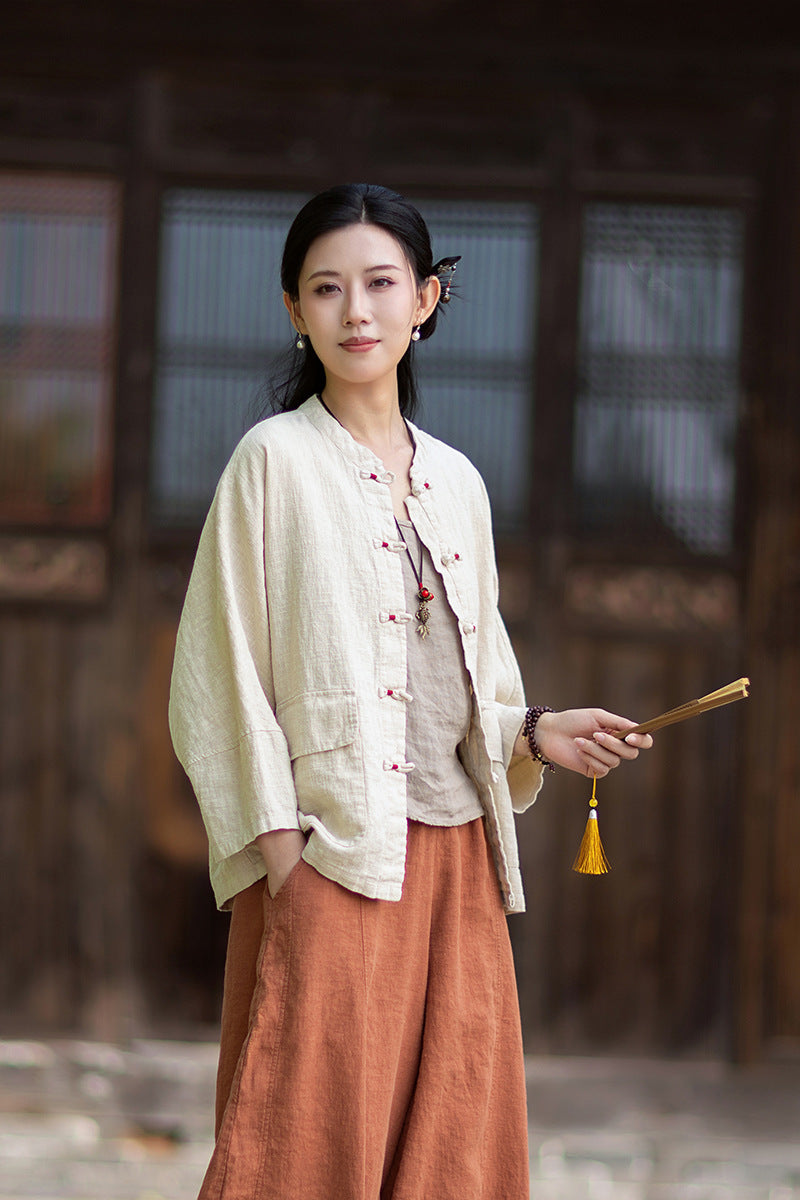 New Chinese-Style Loose-Fit Women's Shirt: Ramie Distressed Mandarin-Collared Modified Tang-Style Cardigan 20260511
