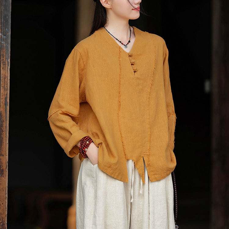 Woman Vintage Chinese Long Sleeve Cotton Linen Shirt with Embroidery V-Neck Loose Top 20240920