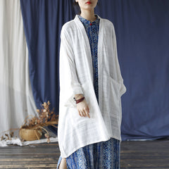 Loose Summer Solid Color Cotton  Linen Jacket ， White Cotton  Linen Kimono 20240803