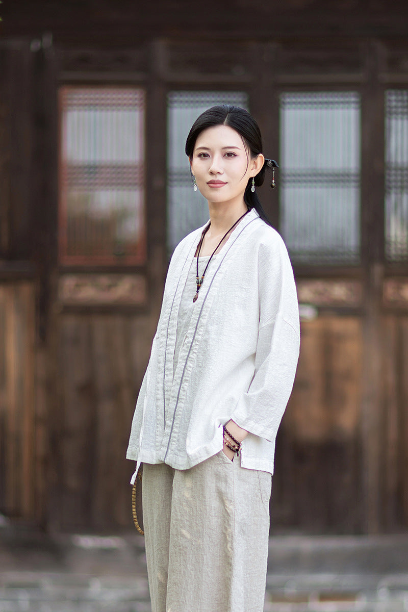 New Cotton-Linen Women's Vintage Zen-Inspired Ramie Tapered-Sleeve Tie-Front Cardigan, Loose-Fit Chinese-Style Jacket 20260511