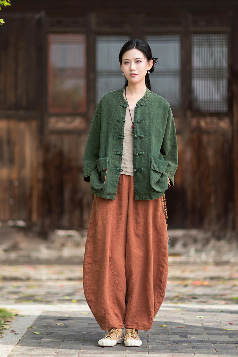 Summer New Arrival: Original Linen Hand-Knotted Button-Down Shirt with Large Pockets for Women – Vintage Distressed Jacket 20260511