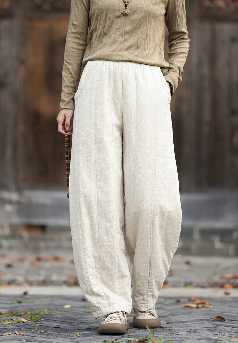 2026 Winter New Original Cotton-Linen Women's Retro, Versatile, Slimming, Elastic-Waist, Loose-Fitting, Casual, Patchwork Straight-Leg Pants