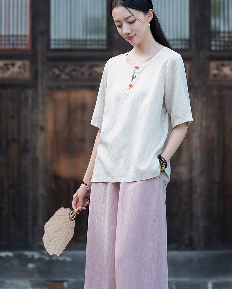 Frog Button Cotton  Linen Shirt, Summer Chinese Vintage Women Sandwashed Cotton  Linen T-shirt 20240728