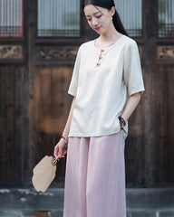 Frog Button Cotton  Linen Shirt, Summer Chinese Vintage Women Sandwashed Cotton  Linen T-shirt 20240728