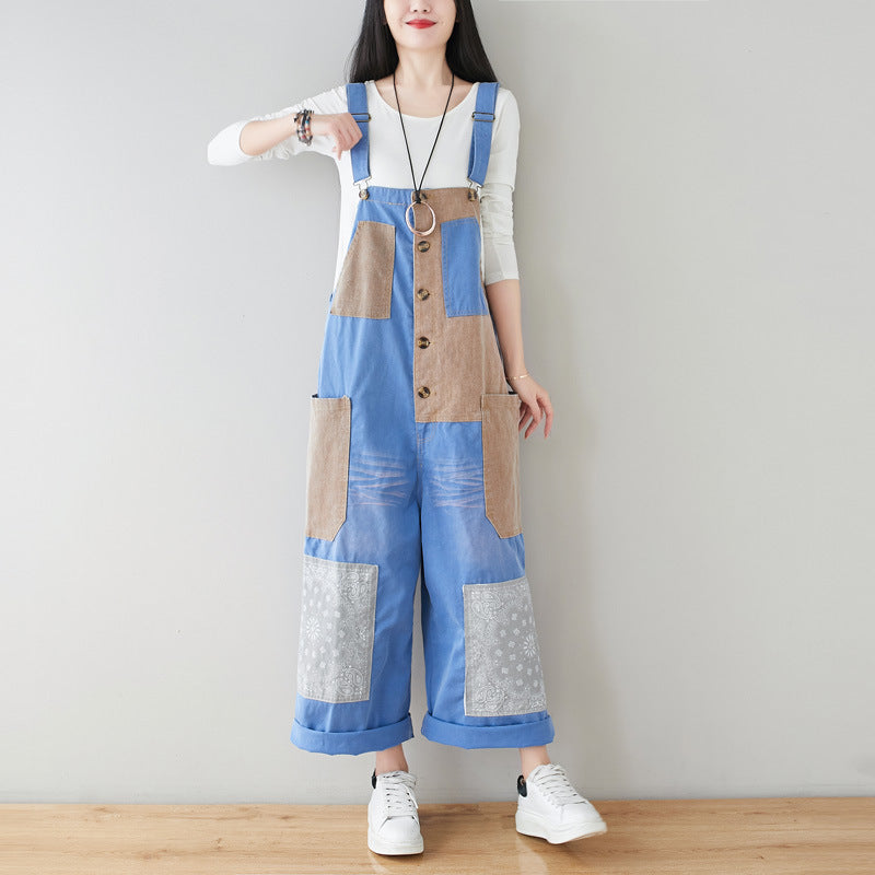 Patchwork cotton overalls, women's printed denim overalls, stonewashed loose overalls