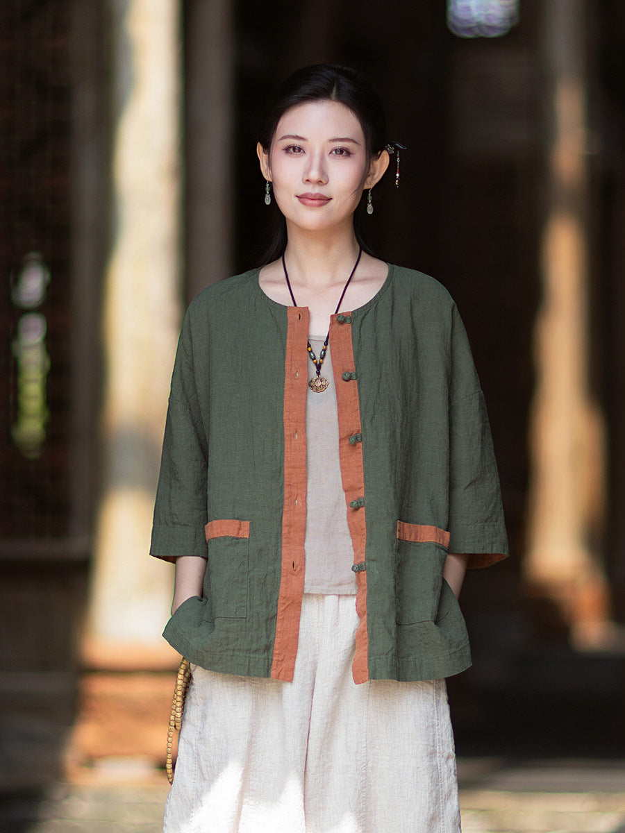New New Chinese-Style Design: Comfortable, Lightweight Linen Top with Color-Blocked Patchwork and Button-Front Cardigan 20260511