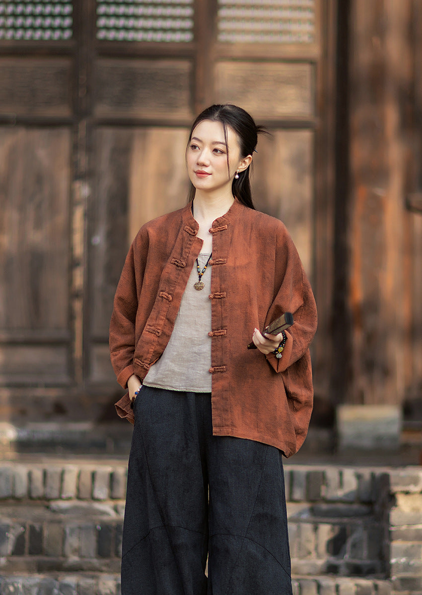 2026 Spring New Arrival: Original Cotton-Ramie Shirt for Women, Vintage Stand-Up Collar Ombré Chinese-Style Wrap-Front Cardigan