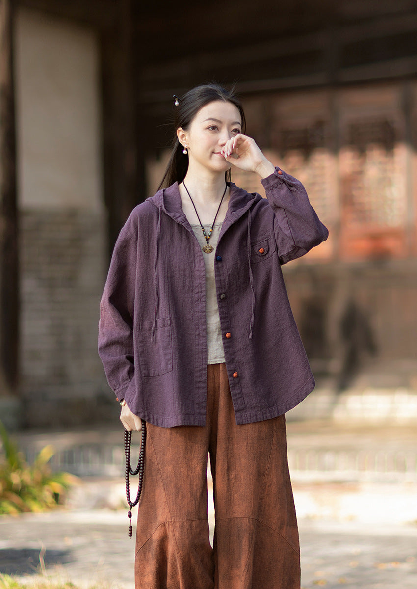 2026 Spring New Arrival: Oversized Casual Hooded Color-Blocked Button-Down Shirt, Women's Sandwashed Cotton-Linen Jacket