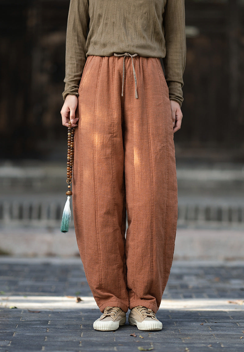 2026 Winter New Arrival: Ramie-Blend, Color-Blocked, Drawstring, Quilted, Thickened Cotton Pants—Versatile, Slimming, Loose-Fit Casual Pants